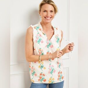 Talbots White and Orange Ruffled Sleeveless Blouse